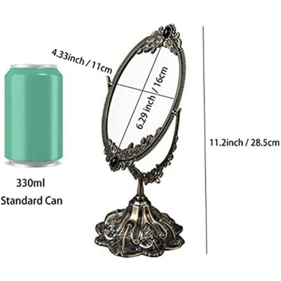 Small Metal Vintage Makeup Mirror Floral Tabletop Oval Vanity Swivel Double Side - Picture 2 of 7